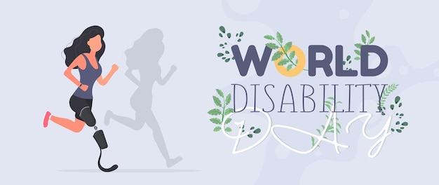 World disabled day banner. International Day of Persons with Disabilities. A girl with a prosthetic leg is running. Vector.