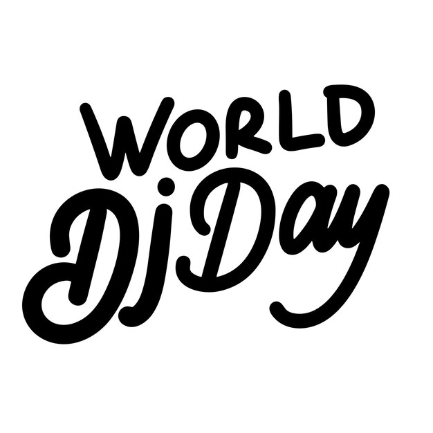 Banner di testo della giornata mondiale del dj in colore nero isolata iscrizione a mano giornata mondiale del dj disegnata a mano