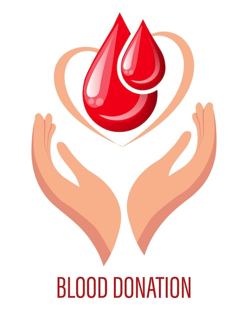 World Donor Day, heart and drops of blood in hands. Medicine concept. Banner, poster, vector