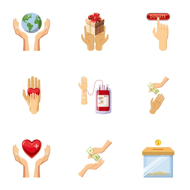 World donor day icons set, cartoon style