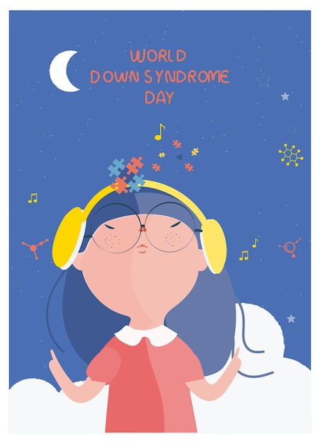 Giornata mondiale della sindrome di down. fumetto della ragazza paziente di sindrome di down e musica con il viso dolce felice