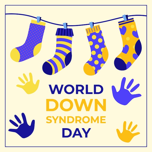 Vettore bandiera inclusiva della giornata mondiale della sindrome di down con illustrazione vettoriale dei calzini spaiati in stile piatto