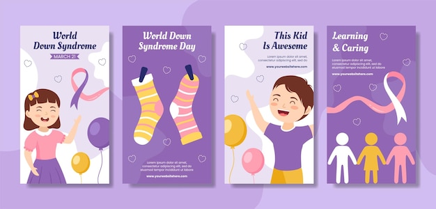 World down syndrome day social media stories flat cartoon hand drawn templates illustration