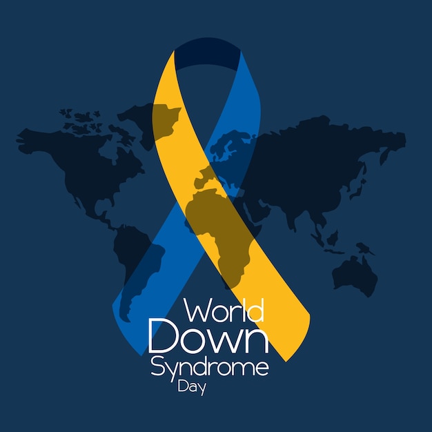 Vector world down syndrome day with ribbon map blue background