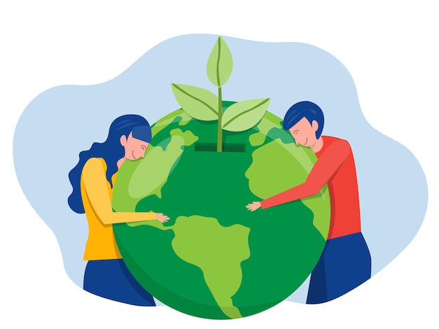 Vector world earth day  nature lover, ecology friendly lifestyle , girl and boy embracing the planet earth