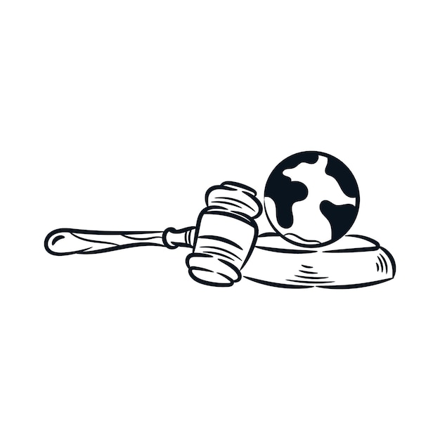 World earth gavel scales of justice hand drawn line art law environmental regulation illustration