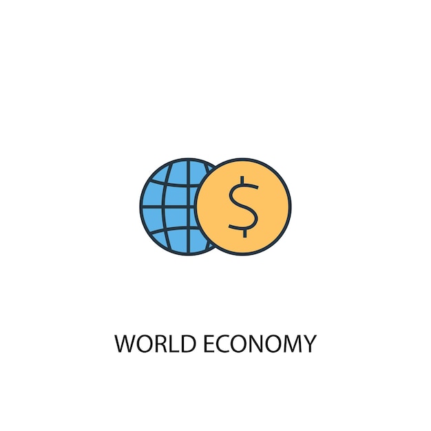 Economia mondiale concetto 2 icona linea colorata. illustrazione semplice dell'elemento giallo e blu. disegno di simbolo di contorno del concetto di economia mondiale
