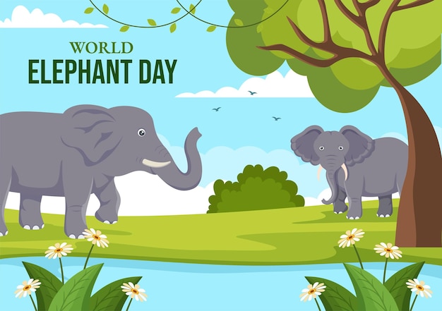 Вектор Векторная иллюстрация всемирного дня слонов со слонами для усилий по спасению и сохранению