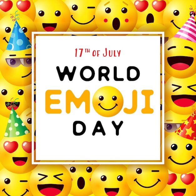 Giornata mondiale delle emoji, biglietto di auguri del 17 luglio. modello di progettazione con simpatica faccia emoji 3d. carta vettoriale