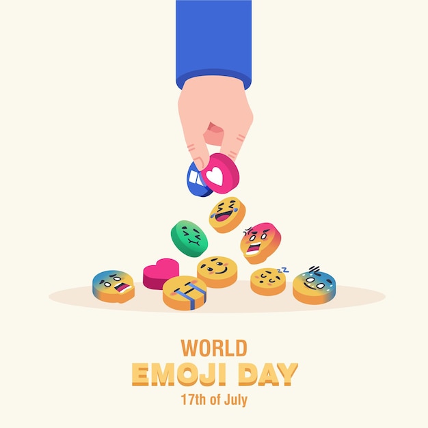 Vettore illustrazione della giornata mondiale delle emoji. mano che prende l'illustrazione piana del concetto di spilla emoji