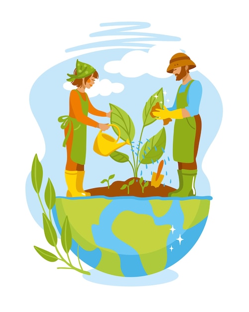 World environment day banner Save the planet illustration with people taking care of the earth