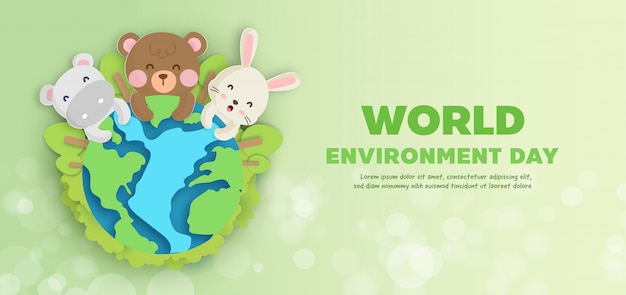 World environment day  banner with cute animals in paper cut style.