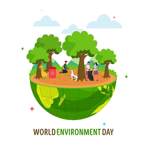 World environment day concept design with people planting and cleaning animal on half earth globe