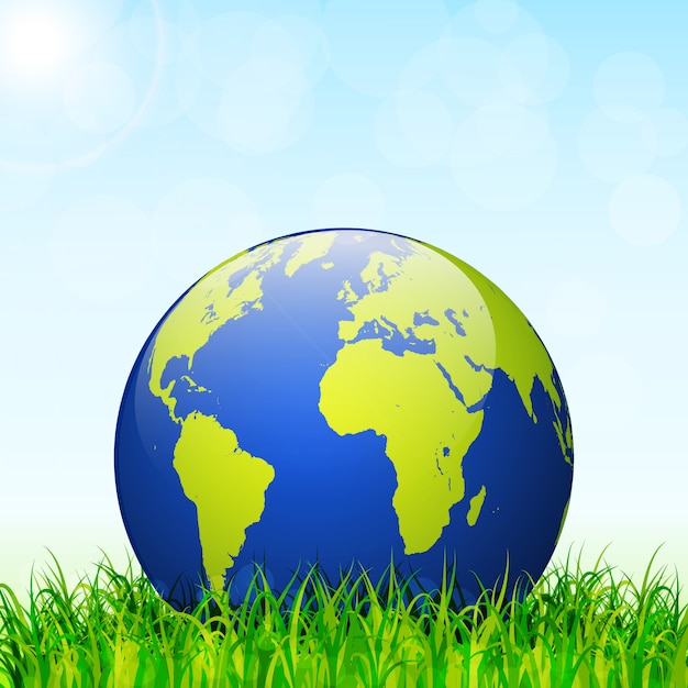 Vector world environment day concept. earth globe with green grass and blue sky