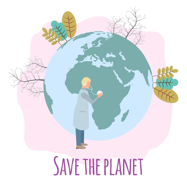 Vettore giornata mondiale dell'ambiente un medico controlla la salute del pianeta 5 giugno salva il pianeta illustrazione vettoriale colorata