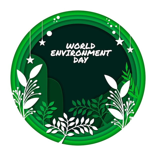 Vector world environment day green branch and leaves paper cut roll around circle globe on white background vector design