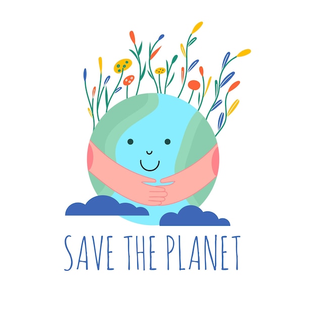 世界環境デーハッピーアースデーエコロジーリサイクルゼロ廃棄物ベクトルイラスト女の子の自然植物とエコバッジショッピングバッグのデザインTシャツアパレル服バナー地球を救う