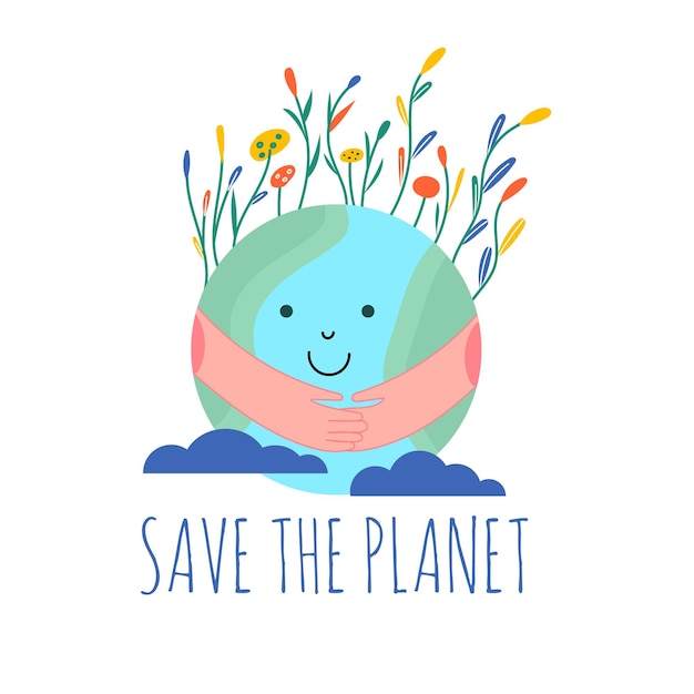 Vettore giornata mondiale dell'ambiente happy earth day ecology ricicla zero rifiuti illustrazione vettoriale distintivi ecologici con ragazza natura pianta design per shopping bag tshirt abbigliamento vestiti banner salva pianeta