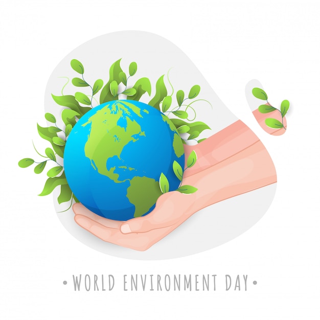 World Environment Day  Illustration with Human Hand protecting Mother Earth, Covered by Leaves.
