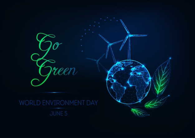 World Environment Day illustration with planet earth, wind turbines, green leaves and text go green