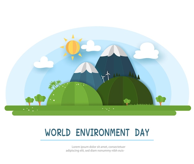 Vector world environment day june 5 concept in illustrator green world with mountain windmill sun clouds and trees in origami paper design