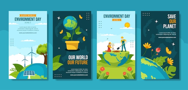 World Environment Day Social Media Stories Flat Cartoon Hand Drawn Templates Background Illustration