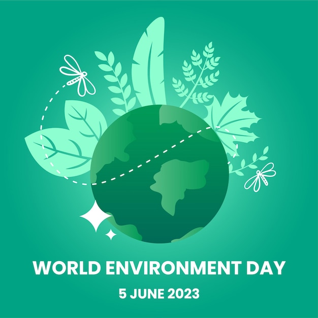World Environment Day Vector illustration Green Background with Globe Flowers Leaf
