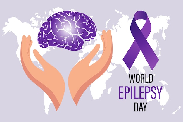 Всемирный день эпилепсии. Человеческий мозг в руках и фиолетовая лента на карте мира.