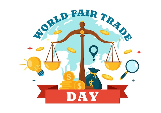 Illustrazione della giornata mondiale del commercio equo con monete d'oro e martello per la giustizia climatica e l'economia planetaria