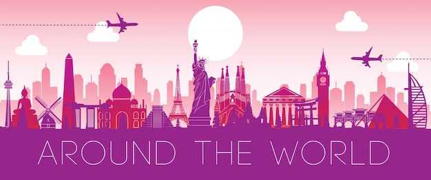 Vector world famous landmark pink silhouette