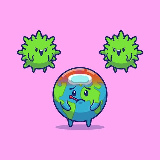 Febbre del mondo di corona virus icon illustration. personaggio dei cartoni animati di corona mascotte. concetto dell'icona del mondo isolato
