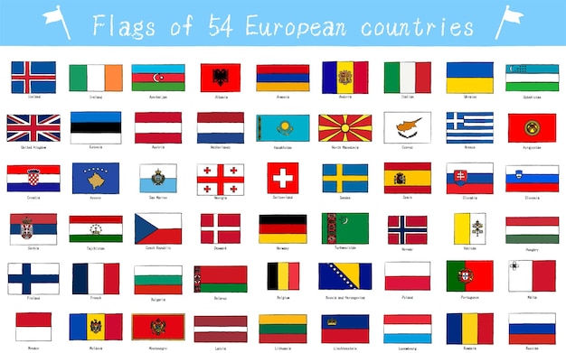 Vettore set di bandiere mondiali di 54 paesi europei in stile dipinto a mano