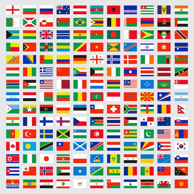 Vector world flags collection laws name independent symbols map vector colored banners vector illustration international world national flag collection