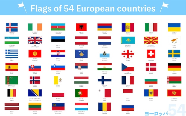 Vector world flags set of 54 countries in europe translation europe