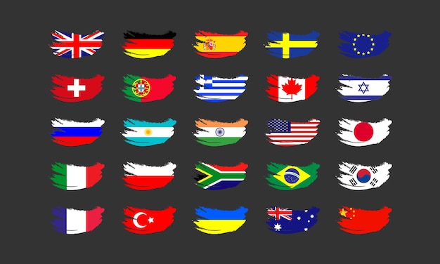 Set di bandiere del mondo dipinte con un pennello. bandiere di paesi del mondo isolate. illustrazione vettoriale eps 10
