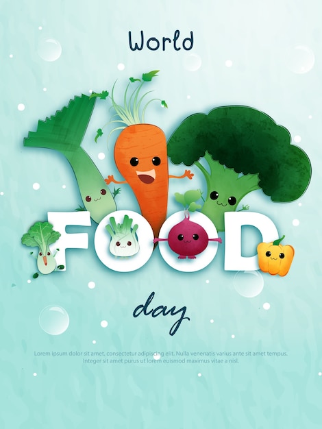 Vector world food day banner  various food, fruits, and vegetables.