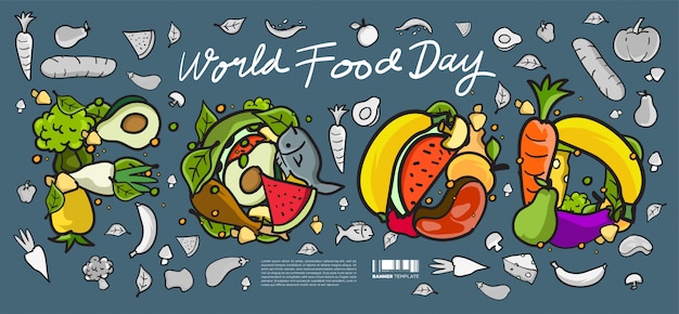 Vector world food day banner. various food, fruits, and vegetables