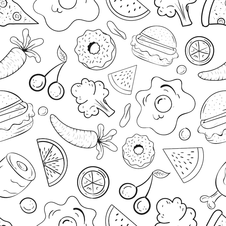 Vector world food day black and white doodle art seamless pattern illustration premium vector