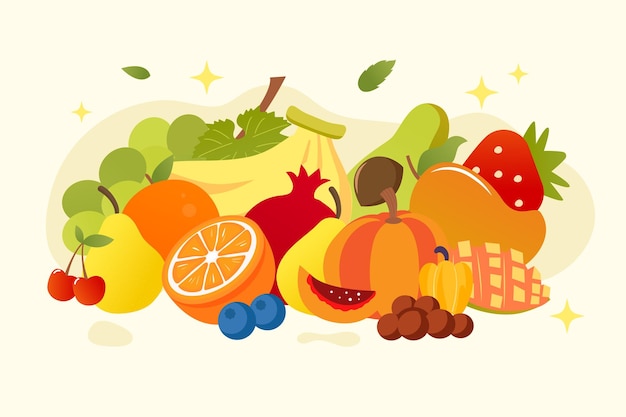 World food day, a bunch of healthy food fruits with vegetable leaves, apples, bananas, oranges, pear