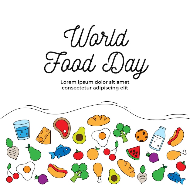 World food day celebration poster  . various kinds of food drink simple icon  .