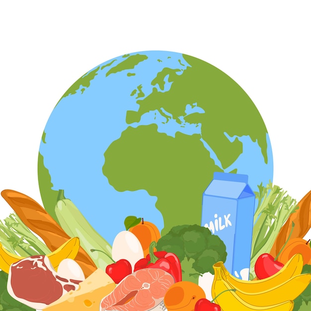 World Food Day The concept of the importance of food safety responsible nutrition and the elimination of food waste Food in a flat style on the background of the Earth 16 October
