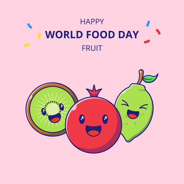 World Food Day Cute Fruit Cartoon Characters. Set of Pomegranate, Kiwi, and Lime Mascot Cartoon.
