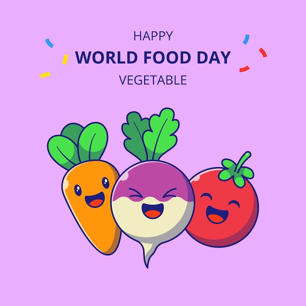 World Food Day Cute Vegetable Cartoon Characters. Set of Turnip, Carrot, and Tomato Mascot.