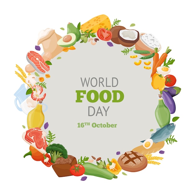 Всемирный день продовольствия различные свежие продукты на баннере или поздравительной открытке векторная иллюстрация