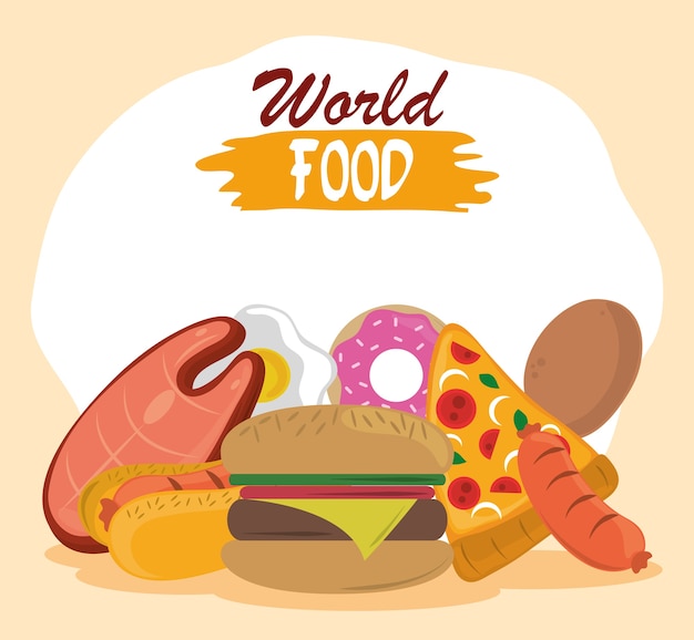 世界食糧の日、ファーストフードのハンバーガーピザホットドッグソーセージドーナツ。