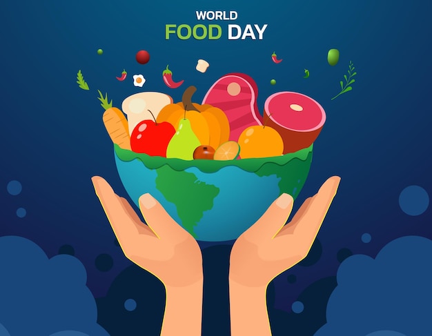 Vettore vettore dell'illustrazione della giornata mondiale dell'alimentazione, sfondo colorato dell'alimento.