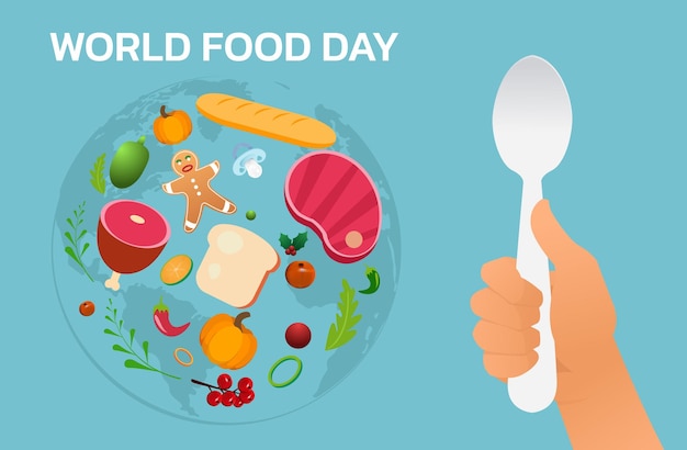 世界食糧日イラスト ベクトル、カラフルな食品の背景。