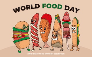 World food day illustration with cartoon character collection vector