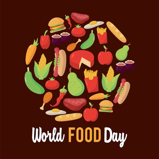 World food day lettering poster with food circular frame illustration design