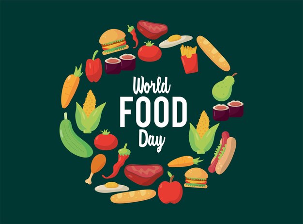 world food day lettering poster with food in circular frame illustration design